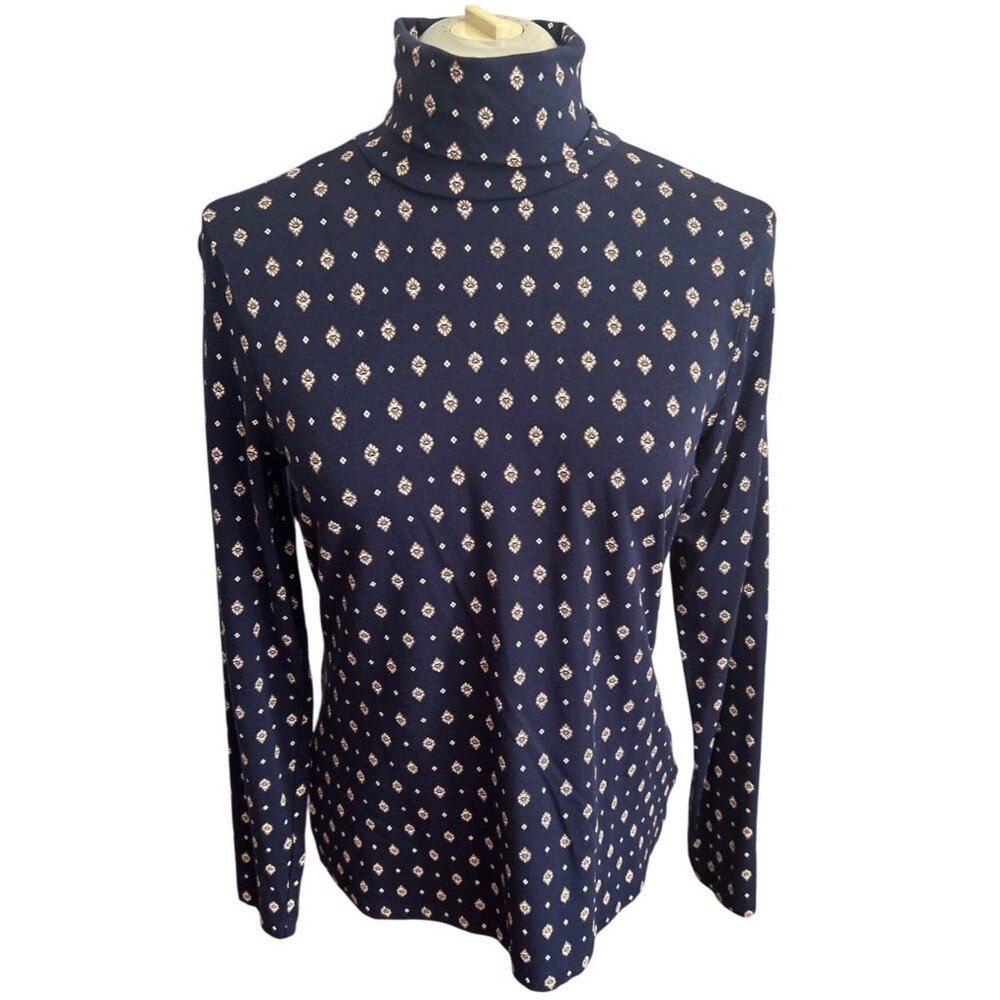 Lands End Womens Shaped Fit Lightweight Turtleneck M Navy & Tan Print